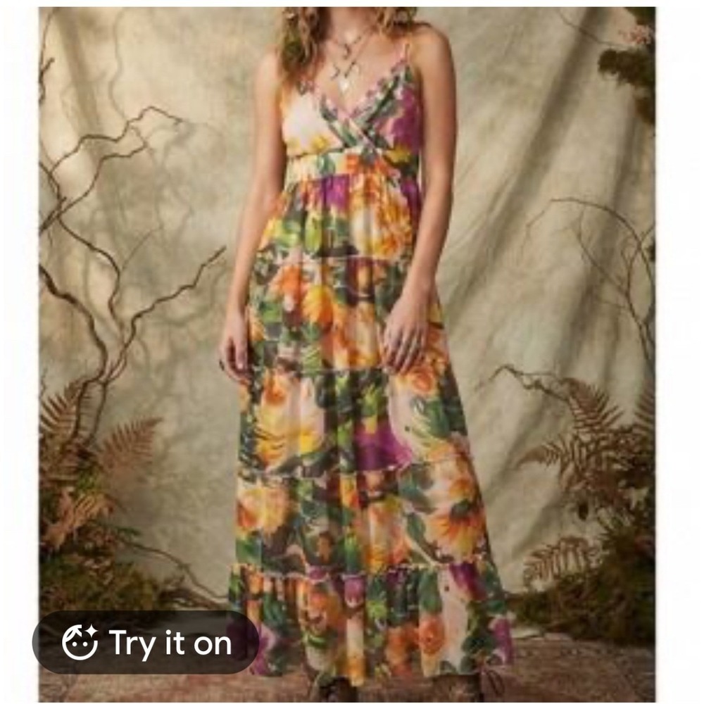 Candies Floral Sequin Trim Tiered Maxi Dress Pink Orange Green Boho Women's Med